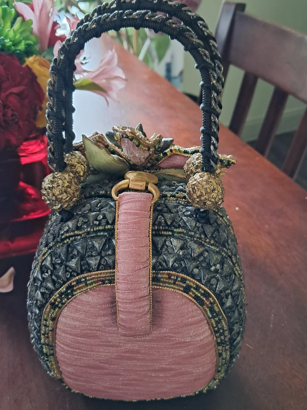 Mary Frances Pink and Gold Beaded Floral Wristlet - Picture 17 of 17